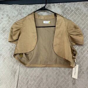 Calvin Klein Womens 12 Shrug Shirt Gold Cropped Pleated Short Sleeve Office Wear